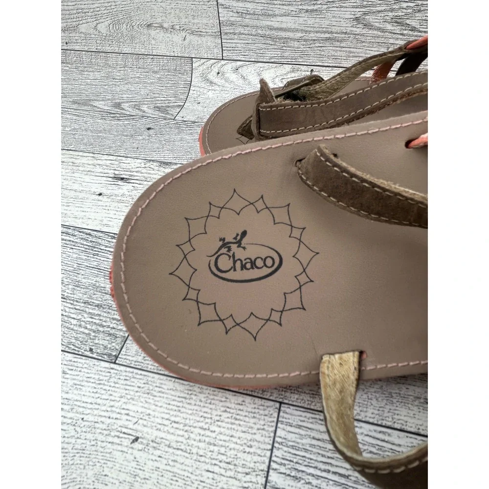 Chaco Women Leather Strappy Thong Sandals Brown Coral Size 10‎ LUVSEAT Footbed